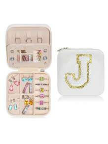 1pc Portable Travel Jewelry Box, Custom Lettered (A-Z) Organizer, Multi-Layer Jewelry Case With Mirror And Makeup Brush Holder, Suitable For Rings, Necklaces For Women Storage Organizer Travel Essentials Back To School Dormitory Storage