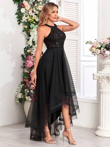 Đầm dạ hội nữ màu đen mùa xuân, kiểu dáng bất đối xứng, đính sequin, vạt trước xẻ tà, thích hợp cho các dịp trang trọng, dự tiệc, đám cưới, lễ tốt nghiệp, dạ tiệc. - màu đen - Xem 5