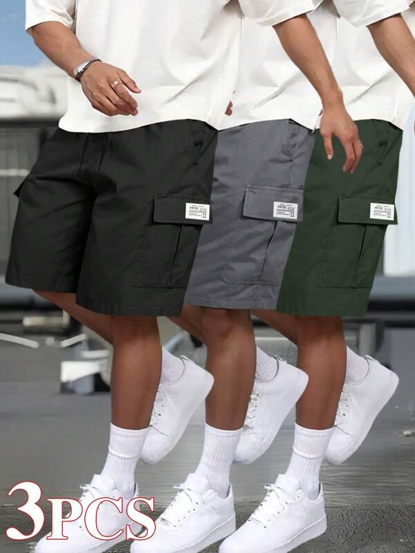 3-Pack Men's Casual Cargo Shorts - Stylish Black, Loose Fit With Practical Pockets, Drawstring Waist, Mid-Length Polyester - Perfect For Sports, Outdoor, And Casual Attire | Running & Training Shorts | Solid Color Design