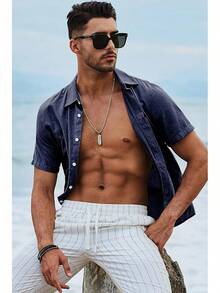 Men's Casual Stylish Short Sleeve Button-Up Striped Dress Shirts Cotton Beach Shirt-20256688 - 深藍色 - 查看 9