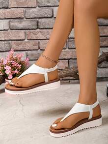 Women's Fashionable Casual Vacation Gold Buckle Decor Solid Color Platform Thick Bottom Sandals - White - View 7