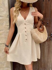 Women Solid Color V-Neck Sleeveless Buttoned Waist A-Line Loose Elegant Dress