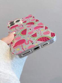 1 pieza Funda de teléfono transparente a prueba de golpes con diseño de sandía y flamenco, material IMD, apta como regalo de vacaciones para iPhone 15, 16 Pro/Pro Max, 14, 15, 16 Plus, resistente a huellas dactilares y arañazos