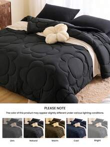 1pc Fluffy Warm Floral Stitch All-Season Comforter With Corner Tabs, Cloud Comfort Down Alternative Duvet Insert For All Size Bed - Black - View 9