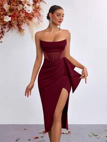 Elisanya Backless Strapless Ruffle Slit Front Formal Party Dress - Burgundy - View 6