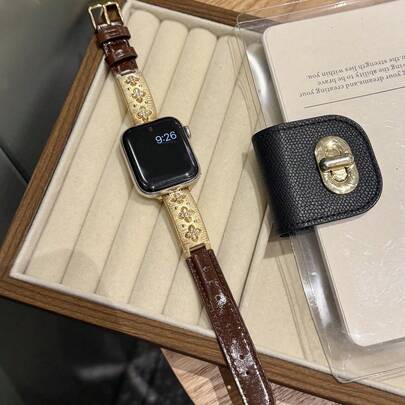 LuLuTom 1pc Luxury Diamond Flower Slim Bangle Design Bracelet Gold Stainless Steel Metal Watch Band Strap Compatible With Apple Watch Band Ultra/SE/S10/9/8/7/6/5/4/3/2/1, Compatible With Apple Watch Strap 38/40/41/42/44/45/46/49mm
