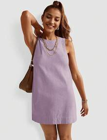 UEU Womens Summer Sleeveless Linen Dress Casual Crew Neck Open Back Short Sundress With Pockets - Purple - View 5