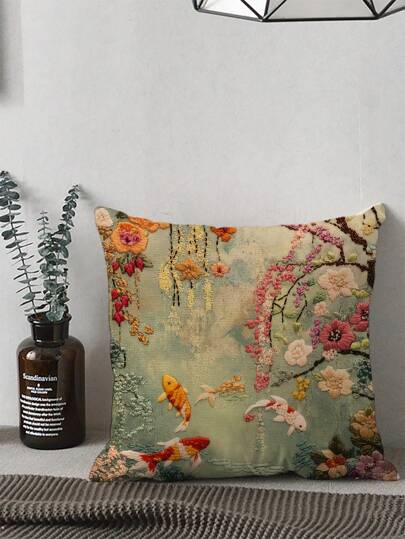 1pc Vintage Bohemian Embroidered Japanese Garden Design Throw Pillow Cover, 45.72x45.72 Cm, Machine Washable, Zippered, Woven Polyester, Decorative Cushion Case For Various Room Types