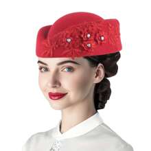 1pc Vintage European British Wool Felt Headdress Hat, Women's Church Derby Headpiece With Floral Decoration, Soft Beret Cap, High-End Stewardess Hat Suitable For Cosplay, Theme Party, Online Influencer Props