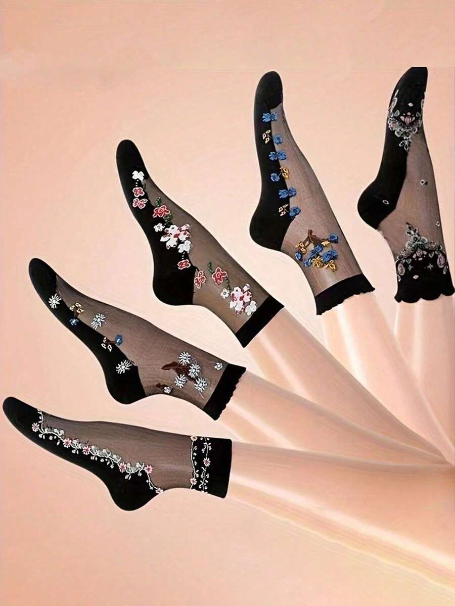 5 Pairs Women's Floral Glass Silk Breathable Comfortable Mid-Calf Socks, Versatile And Fashionable For Summer - Multicolor - View 1