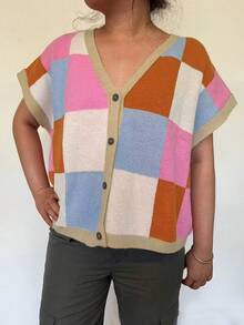 Minimalana Women's Oversize Spring & Autumn Fashion Casual Resort Hundred Collision Plaid V-Neck Single Breasted Sweater Cardigan & Button Down Shirt Women's - Multicolor - View 1