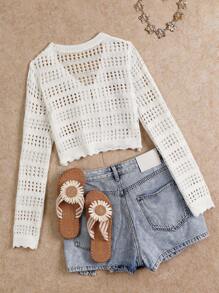 Women's Lightweight Solid Color Hollow Out Twist Tie Up Cardigan, Suitable For Date, Everyday Wear, Spring/Summer/Autumn