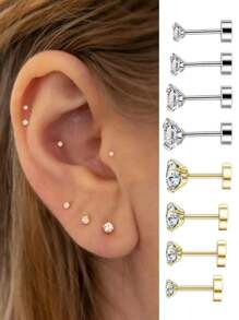 2/8 piezas Aretes con tachas de acero inoxidable hipoalergénico con CZ transparente incrustado, 20G rosca interna Labrete Medusa Conch Trago, 3mm 4mm 5mm 6mm, decoración de joyería de piercing para mujeres y hombres