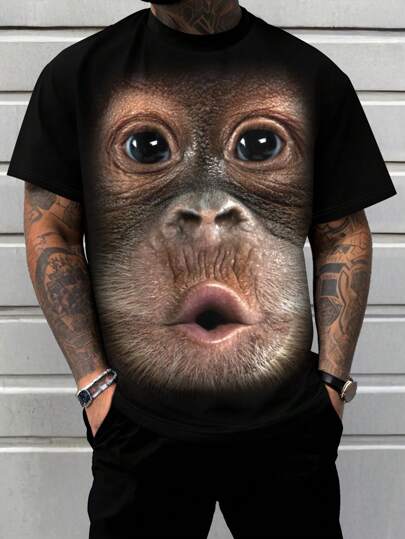 Plus Size Men's Summer Gorilla Print Round Neck Short Sleeve T-Shirt