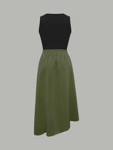 女式纯色圆领背心和休闲时尚拼布不对称下摆短裙套装 - 黑綠色 - 查看 2