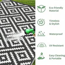 Tappeto da esterno impermeabile 9*12 ft, tappeto in plastica reversibile, tappeto da esterno moderno, grande tappeto da esterno per patii, camper, patio, giardino, terrazza, picnic, spiaggia, campeggio, nero e bianco