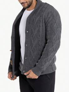 Men's Faux Shearling Shawl Collar Cable Knit Cardigan Sweater - 木炭 - 查看 3