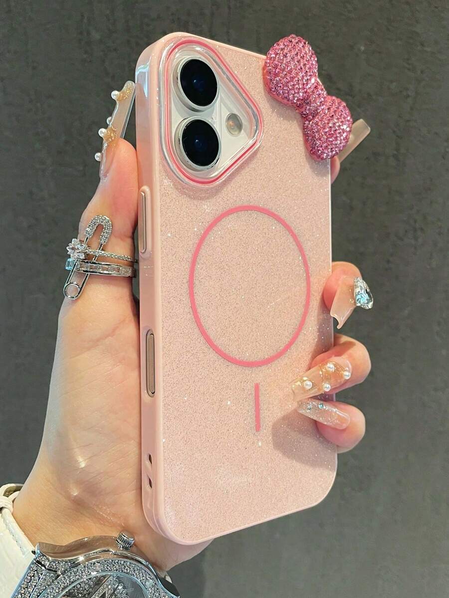 1 Ốp lưng điện thoại từ tính đính nơ đính đá Rhinestone, tương thích với iPhone 16/15/14/13/12/11, iPhone 17, Ốp lưng bảo vệ Magsafe mỏng lấp lánh cho iPhone 14 Pro Max - Hồng - Xem 1