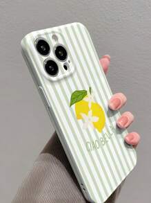 1 pièce Étui de téléphone rigide de protection intégrale  enrobé, motif de fleur de citron rayé minimaliste perforé, compatible avec 11/12/13/14/15/16 Pro Max