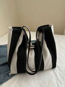 Chic Retro Striped Canvas Tote Bag, Large Capacity Spacious & Versatile, Ideal For Work, School Or Outing, School Bag, Beach Bag (Random Color Placement Of Vertical Stripes)