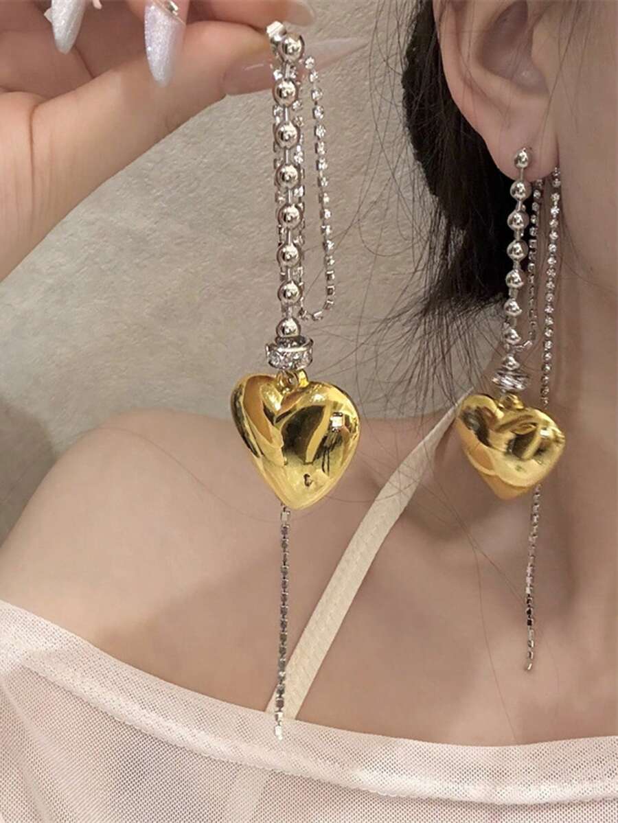 2 件心形串珠锆石流苏耳环，轻盈奢华的金属合金，多色时尚耳钉，适合约会、派对、舞会、活动和日常佩戴 - 彩色 - 查看 1