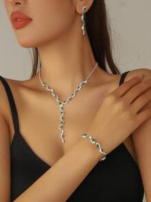 4pcs Bridal Jewelry Set, Including: 1pc Crystal Wave Pendant Necklace, 1 Pair Earrings, 1pc Bracelet. Lightweight And Elegant Style, Suitable For Women's Daily Wear, Weddings, Parties, And Other Occasions. - Yellow Gold - View 8