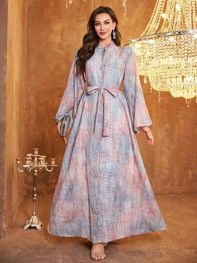 Abito con scollo a V, maniche lunghe, motivo retrò, arricciatura in vita con perline, adatto per vacanze e appuntamenti casual