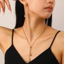 Conjunto de collar y aretes de gota de agua ajustable de acero inoxidable con borlas, conjunto de joyería de moda para mujeres, regalo para fiesta