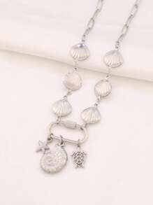 1 pièce Collier pendentif en acier inoxydable avec charme de conque, étoile de mer, tortue océanique et coquillage creux. Design mode. Collier chaîne pour femmes, bijoux