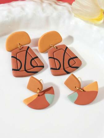 Exaggerated Geometric Contrast Color Line Simple Vintage Handmade Soft Clay Earrings For Women, Printed Brown