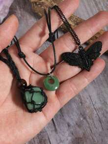 3pcs Gothic Style Moth Skeleton Head Adjustable Stone/Rock, Natural Stone Black Mesh Net Woven Necklace, Adjustable Jade-Like Green Amulet Pendant Necklace Set, Unisex