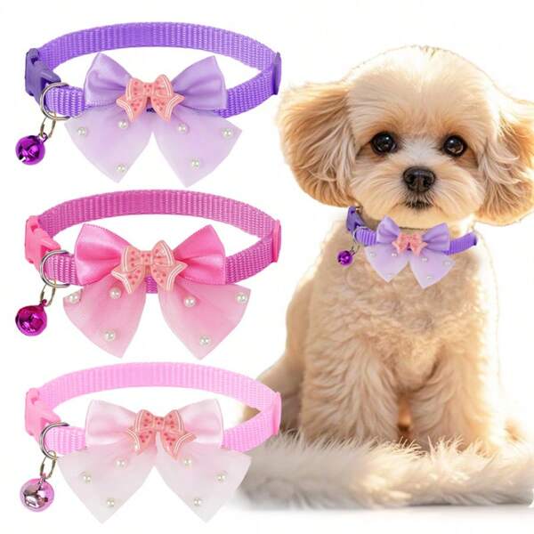 1 pieza o Set de 3 piezas Lindo collar con cascabel en forma de lazo brillante para gato/perro, apropiado para uso diario