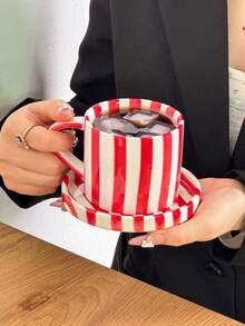 1 szt. Klasyczny ceramiczny kubek do kawy w paski i spodek, skandynawski minimalistyczny kubek w stylu retro, odpowiedni do latte, kawy, matchy, herbaty, kawy arabskiej, duża pojemność amerykańskiego kubka do kawy, świetny prezent dla przyjaciół i rodziny