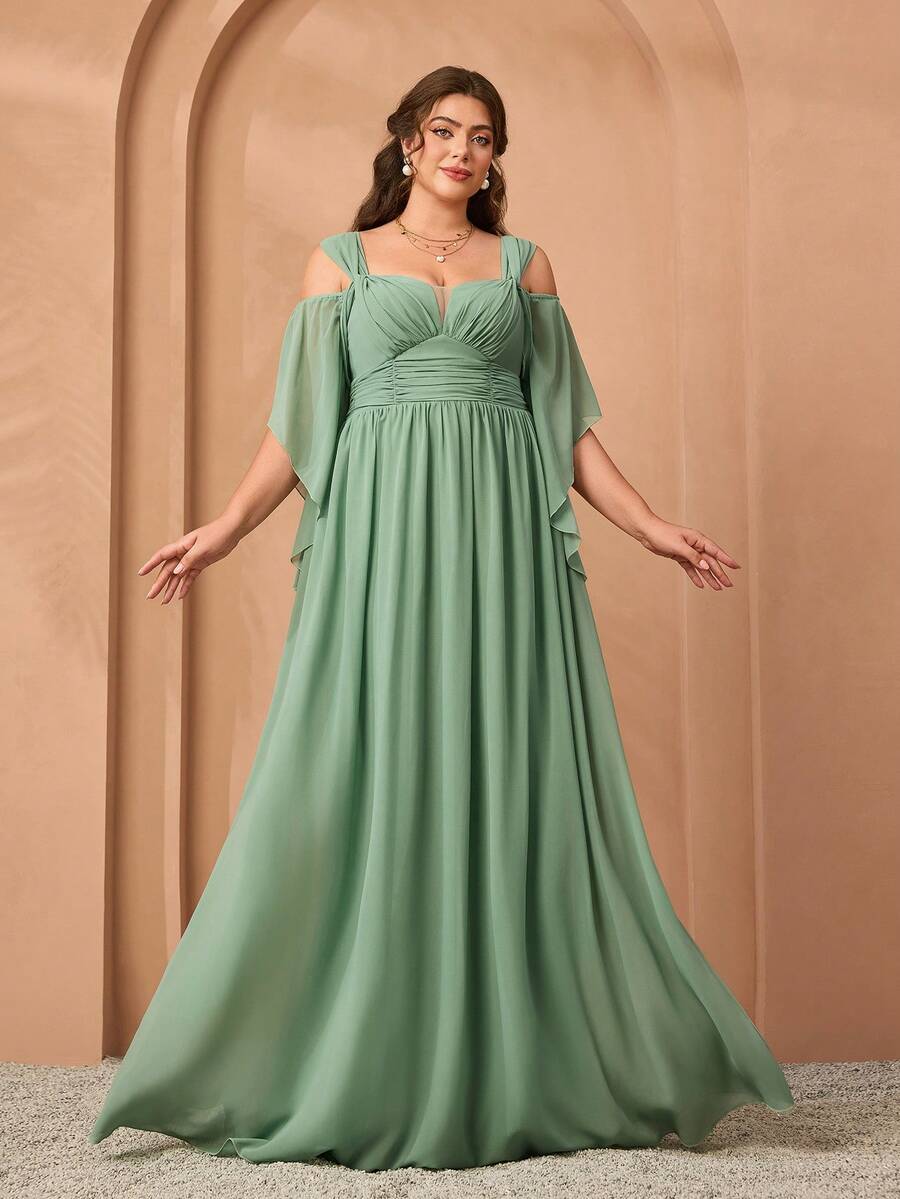 Mgiacy New Elegant Off-Shoulder Ruffle Chiffon Dress, Plus Size Bridesmaid Gown - màu xanh lá - Xem 1