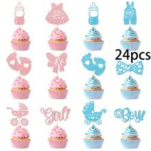 12pcs Glitter Gender Reveal Party Cupcake Decorations Toppers Blue And Pink Cake Toppers Cupcake Toppers Cake Topper, Bottle Foot Print Nipple Cupcake Toppers Cake Topper For BabyShower Party Decoration Supplies