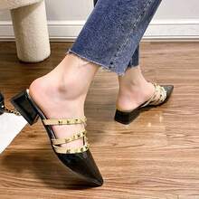 Zapatos remachados zapatillas francesas con punta de laca y media zapatilla en la cabeza, Zapatos de tacón de mujer - Negro - Ver 3