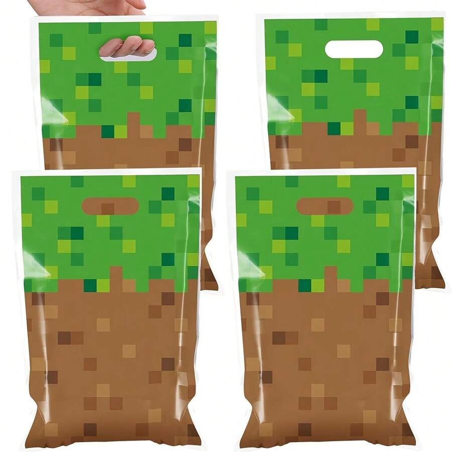 10pcs/20pcs/50pcs Pixel Theme Birthday Party Favor Bags, 10 X 6.5 Inches, Mining Pixel Pattern, Video Game Theme Party Candy Bags, Pixel Theme Birthday Party Gift Bags, Gamer Birthday Party Decorations - Brown - View 1