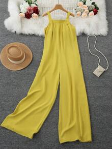 女士纯色褶皱阔腿休闲连体裤，宽松版型，秋季