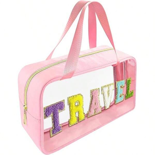 Bolsa de maquiagem com letra minimalista "STUFF", bolsa de armazenamento à prova d'água de grande capacidade, bolsa de armazenamento de cosméticos com zíper, bolsa transparente para armazenamento de artigos de higiene pessoal, bolsa portátil para lanches, bolsa para armazenamento de presentes de Natal, itens essenciais de viagem para férias, férias de verão, volta às aulas, bolsa de material escolar para a escola, bolsa de higiene pessoal, bolsa de viagem à prova d'água para artigos de higiene pessoal