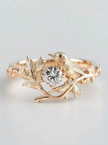 Anel de cobre feminino com design exclusivo de pássaro e galho de árvore, incrustado com grande pedra de zircônia cúbica, leve e moderno, adequado para uso diário, noivado, casamento, presente de aniversário