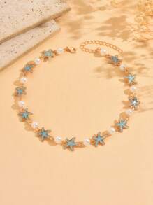 1 Stück Handgefertigte klassische Faux Perlen Romantische Seestern Dekor Halskette, modischer Ozean-Stil Schmuck geeignet für den täglichen Gebrauch, Strand, Urlaub und Date-Outfits von Frauen