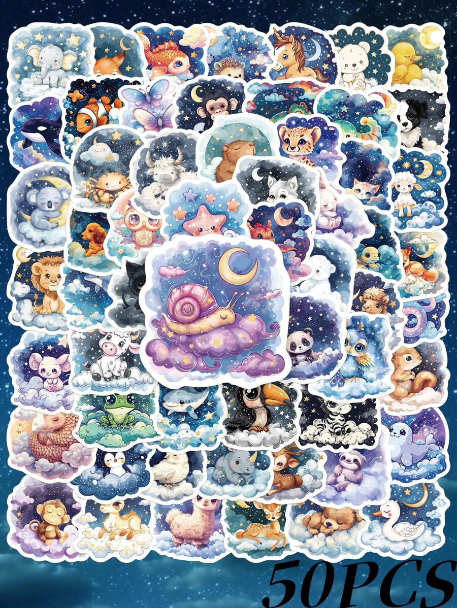 50pcs Cartoon Animal Fantasy Stickers, Simple & Artistic, Applicable For Journals, Phone Cases, Skateboards, Luggage, Helmets, Guitars, Building Blocks, Toys, Cars, DIY Decoration, Excellent Birthday, Christmas And Halloween Decorations