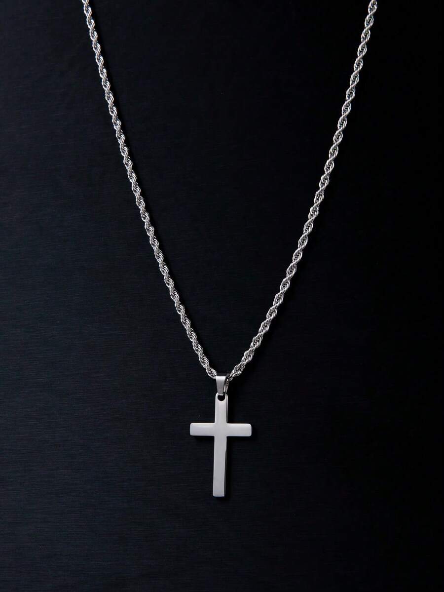 1pc New Fashionable Stainless Steel & Titanium Steel Men's Cross Pendant Necklace, Braided Chain, Suitable For Daily Wear And As A Gift - Twist Chain Cross - View 1