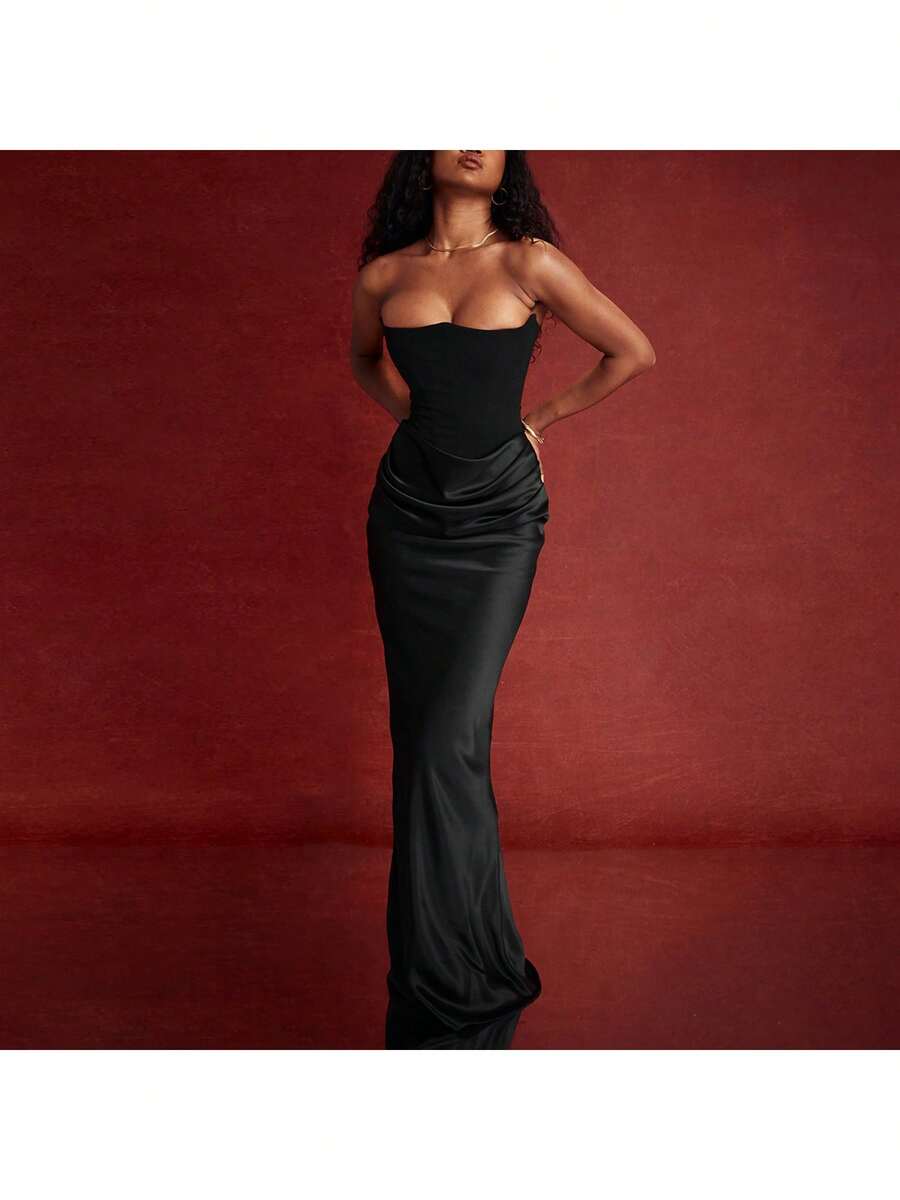 Slim Tube Top Long Dress Sexy Fashion Bandeau Backless Party Evening Dresses For Women Clothing - 黑色 - 查看 1