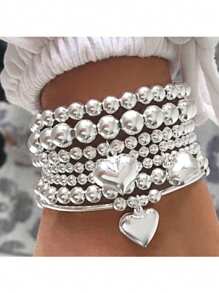 Set de 7 piezas de pulseras con cuentas en forma de corazón, joyería de perlas ABS de moda como regalo para mujeres, para uso diario