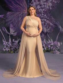 Faeriesty Dressalisa Elegant Plus 孕妇单肩无袖网眼覆盖连衣裙，适合夏春场合（婚礼嘉宾、正式晚宴、花园派对、孕妇写真、晚会） - 香檳色 - 查看 8