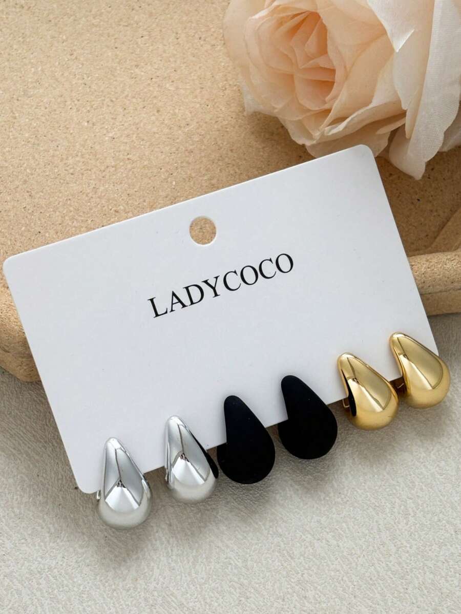 LADYCOCO 3 Pairs Elegant & Unique Gold, Black, Silver Water Drop Earrings Set, Suitable For Women's Daily Wear, Dates, Parties