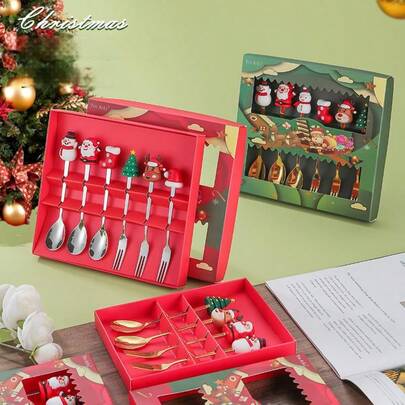 12pcs/6pcs/4pcs Stainless Steel Spoon & Fork Set, Cartoon Character Fruit Fork & Spoon (Santa Claus/Snowman/Reindeer/Christmas Tree) | Fun Party Tableware, Dessert Cake Fork, Hot Chocolate Spoon | Christmas Party, Family Gathering Gift, Christmas Gift, Holiday Gift, Kitchen & Food Lover Gift, Cute & Practical,
