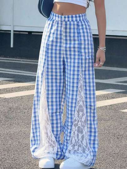 Fashionable And Casual Loose Lace Patchwork Straight Leg Pants For Vacation Girls, Summer Multi-Functional Checkered Pants, Suitable For Older Young Girls To Wear In Daily Life