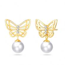 1 paire de boucles d'oreilles en argent sterling S925 doré, boucles d'oreilles perles, coquillage d'amour, vis de mer, étoile de mer, papillon scintillant, boucles d'oreilles zirconium. Bijoux élégants pour dames, cadeau pour fête, mariage, meilleur choix